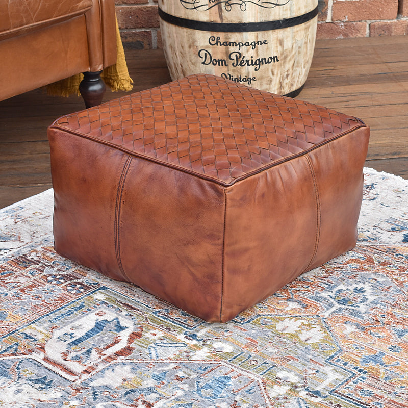 Jaipur Square Tan Leather Ottoman-Dovetailed &amp; Doublestitched