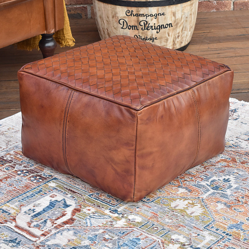 Jaipur Square Tan Leather Ottoman-Dovetailed &amp; Doublestitched