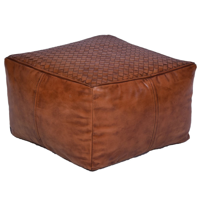 Jaipur Square Tan Leather Ottoman-Dovetailed &amp; Doublestitched