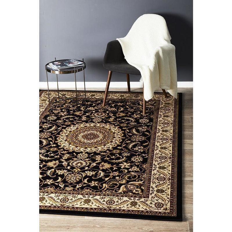 Sydney Collection Medallion Rug Black with Ivory Border-Dovetailed &amp; Doublestitched