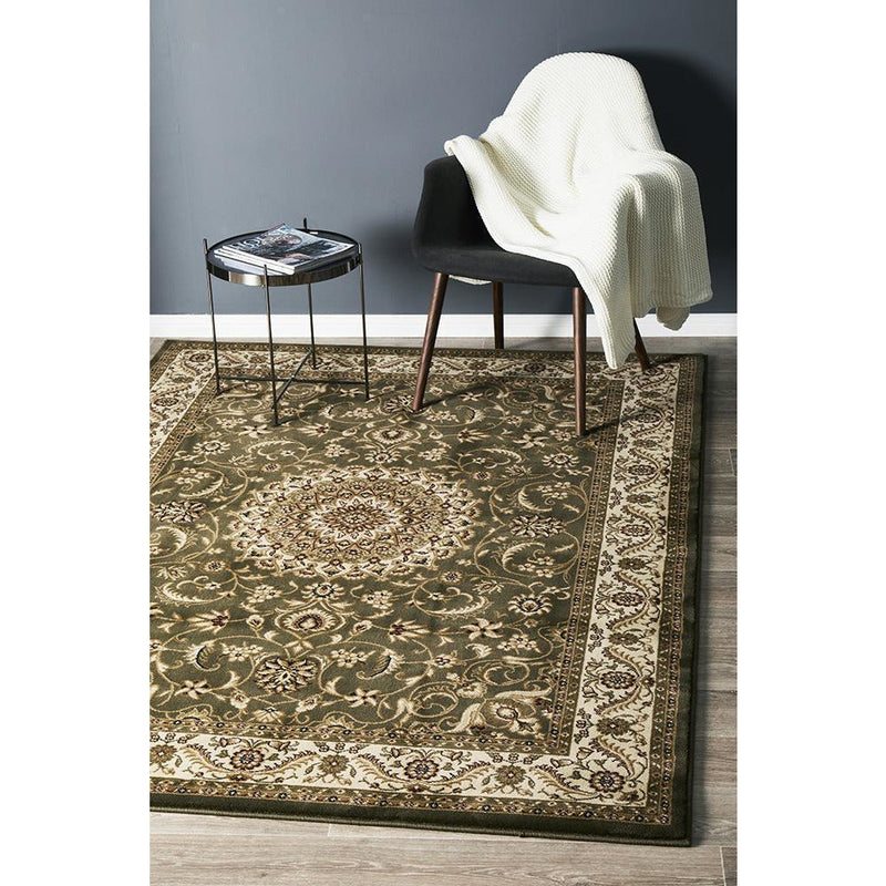 Sydney Collection Medallion Rug Green with Ivory Border-Dovetailed &amp; Doublestitched