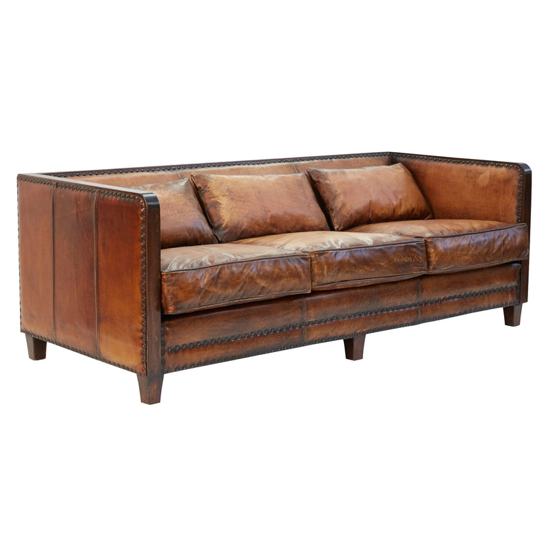 Vienna Antique Leather Art Deco Sofa - 3 Seater-Dovetailed &amp; Doublestitched