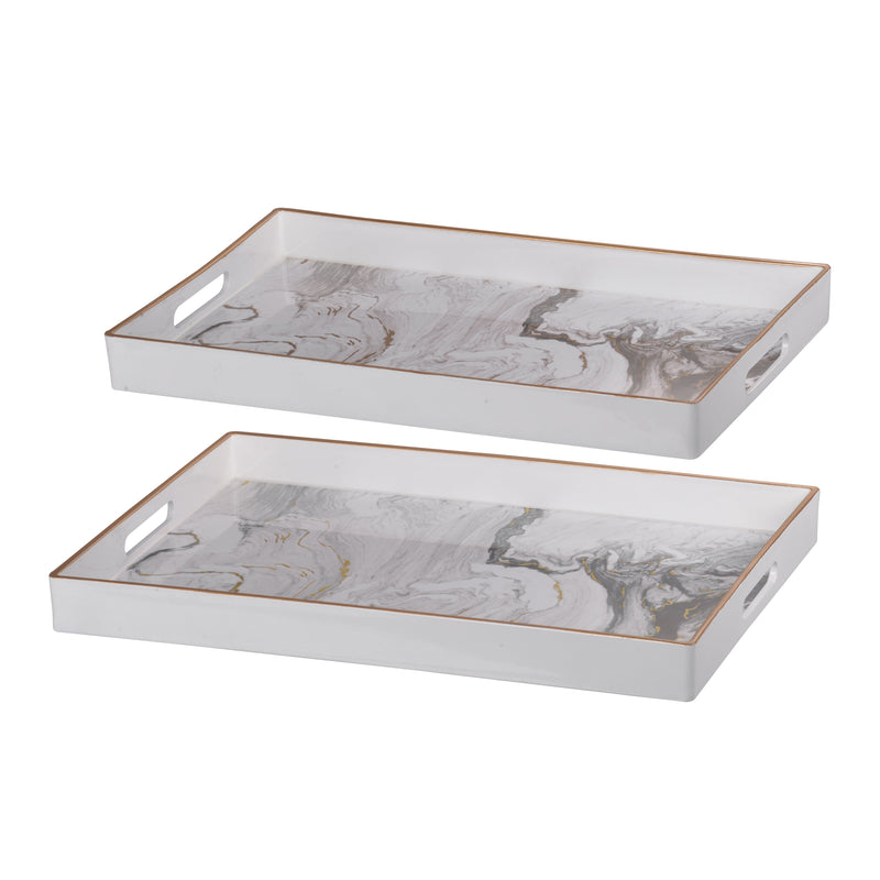 White Marble Look Trays Set of 2-Dovetailed &amp; Doublestitched